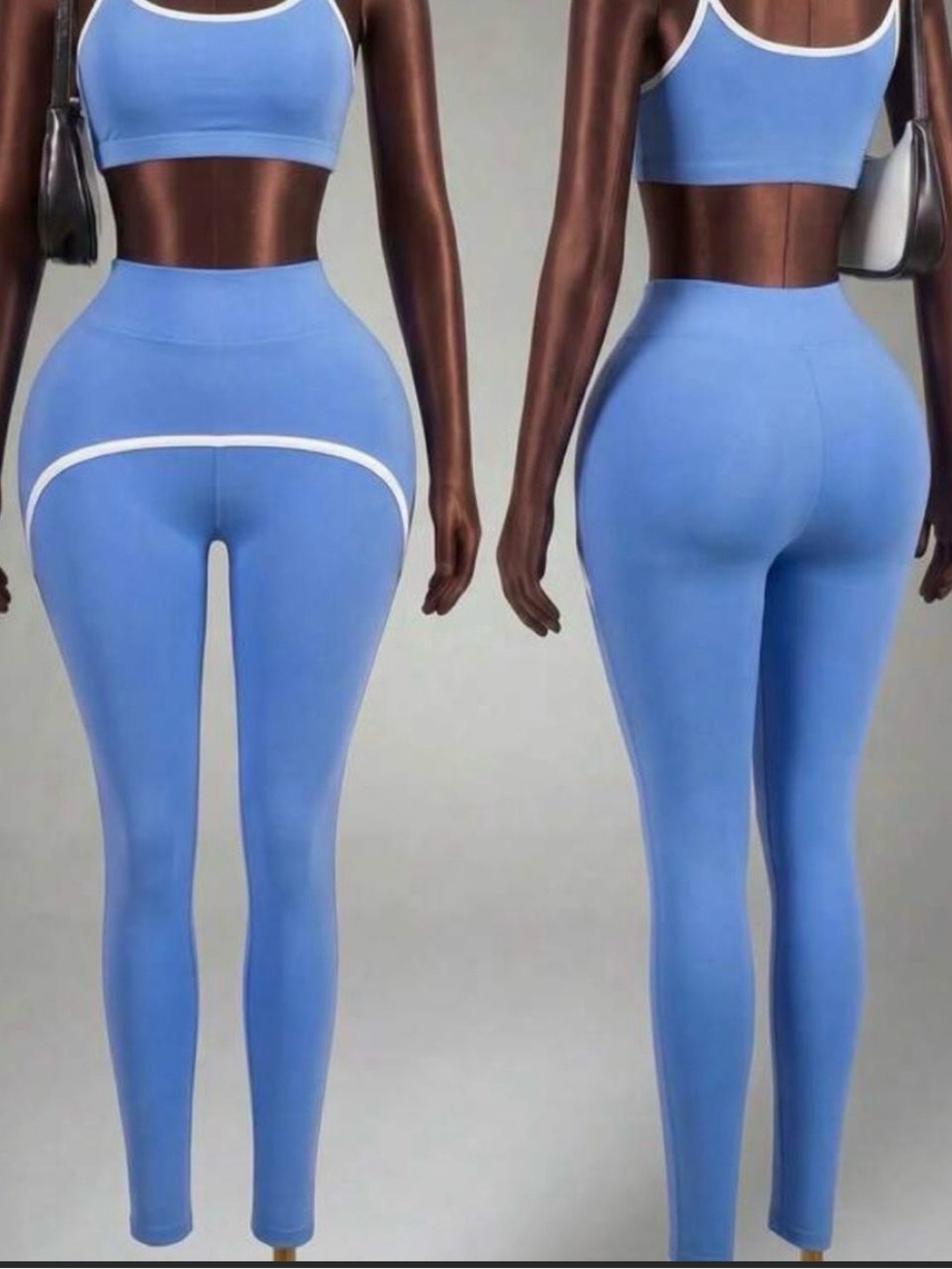 High-Rise Blue Sculpting Leggings with White Contrast